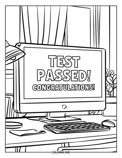 Coloriage de félicitations pour enfants : Un écran d'ordinateur affiche "Test Passed! Congratulations!" dans une pièce douillette avec un bureau et une plante