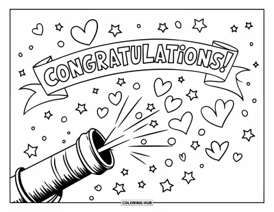 Coloriage de félicitations pour enfants : Un canon à confettis projette le mot Congratulations avec des étoiles et des formes colorées