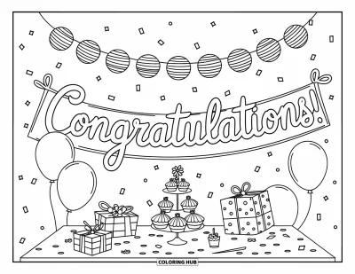 Coloriage de félicitations pour enfants : Des confettis, des lanternes et une banderole mignonne affichent Congratulations dans cette scène de fête