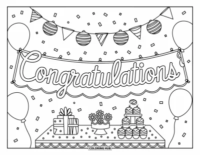 Coloriage de félicitations pour enfants : Une banderole Congratulations avec des ballons, des cupcakes, des cadeaux et des confettis dans une scène de fête