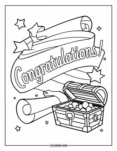Coloriage de félicitations pour enfants : Un parchemin roulé avec des étoiles, une toque et même un coffre au trésor indique Congratulations