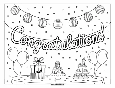 Coloriage de félicitations pour enfants : Une table festive avec des cupcakes et des cadeaux sous une banderole Congratulations et des lanternes en papier