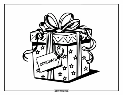 Coloriage de félicitations pour enfants : Une boîte cadeau avec une étiquette Congrats et un joli motif d'étoiles est accompagnée de guirlandes