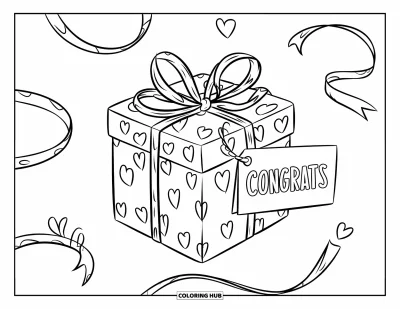 Coloriage de félicitations pour enfants : Un cadeau avec une étiquette Congrats et des guirlandes ornées de cœurs brille dans un espace chaleureux et épuré