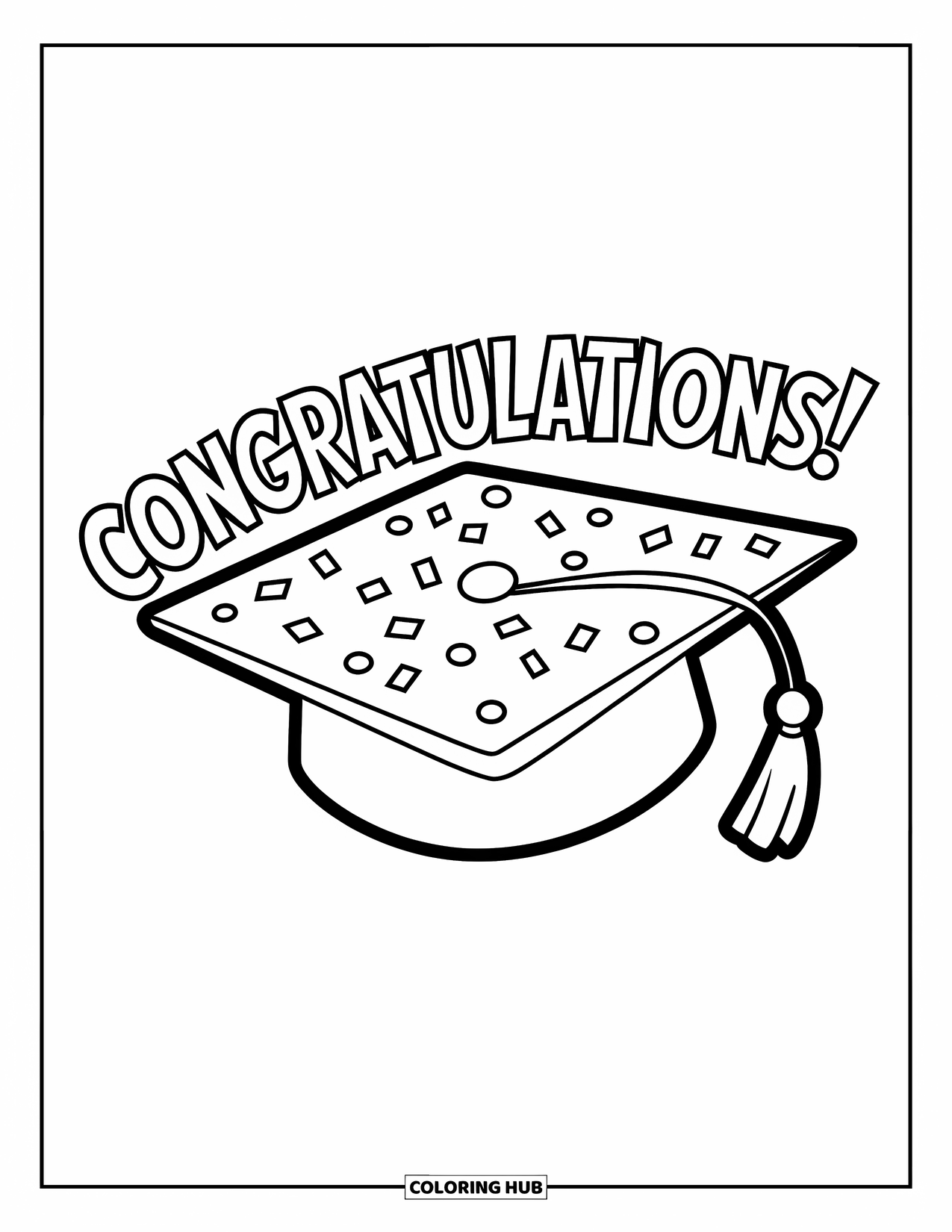 Congratulations Coloring Page for Kids: Graduation cap filled with confetti celebrates with the word Congratulations!