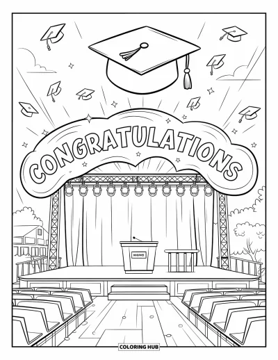 Coloriage de félicitations pour enfants : Des toques de diplômés volent sous un grand panneau Congratulations