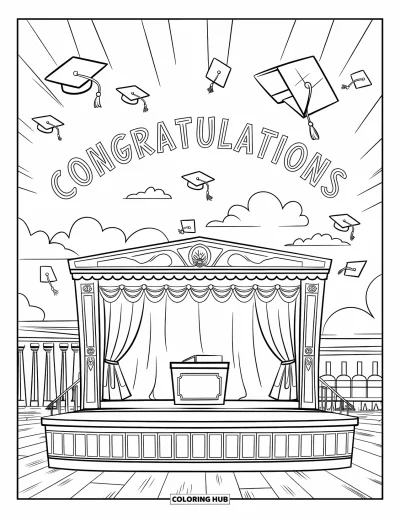 Coloriage de félicitations pour enfants : Une estrade de remise de diplômes avec des toques qui volent et un panneau lumineux « Congratulations »
