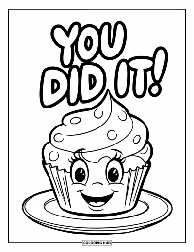 Coloriage de félicitations pour enfants : Un cupcake souriant dit You Did It ! avec des confettis et une jolie assiette