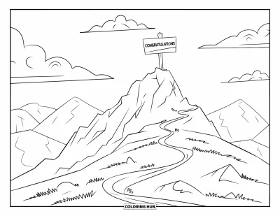 Coloriage de félicitations pour enfants : Un sentier de randonnée mène au sommet d'une montagne où figure un panneau Congratulations