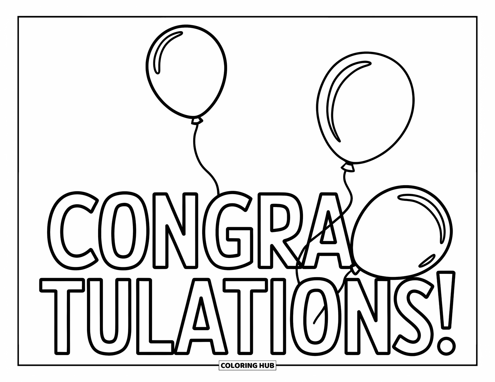Congratulations Coloring Page for Kids: Large Congratulations text floats above three cheerful balloons