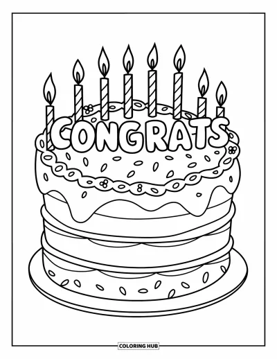 Coloriage de félicitations pour enfants : Un gâteau à étages avec des confettis et des bougies « Congrats » célèbre un doux succès