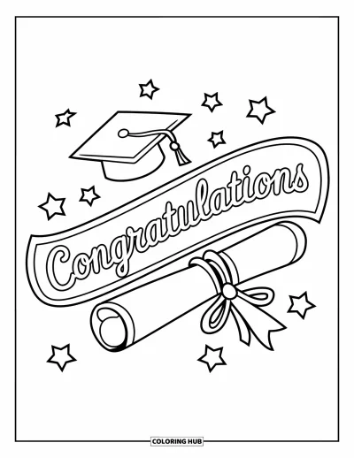 Coloriage de félicitations pour enfants : Un parchemin avec des étoiles, un ruban et une toque indique Congratulations en belle écriture