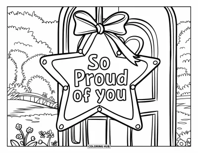 Coloriage de félicitations pour enfants : « So Proud of You » est affiché dans une couronne sur une porte avec une jolie vue sur le jardin