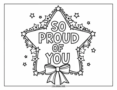 Coloriage de félicitations pour enfants : Une couronne en forme d'étoile indique So Proud of You avec un ruban en bas