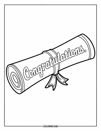 Coloriage de félicitations pour enfants : Un diplôme roulé stylisé indique Congratulations avec un ruban noué autour