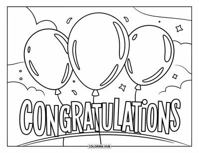 Coloriage de félicitations pour enfants : Trois ballons flottants entourent un grand message Congratulations aux lettres rondes et joyeuses