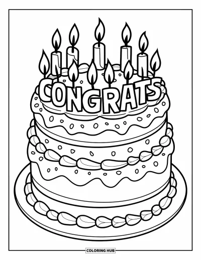Coloriage de félicitations pour enfants : Un gâteau à trois étages surmonté de bougies Congrats et d'un glaçage gourmand