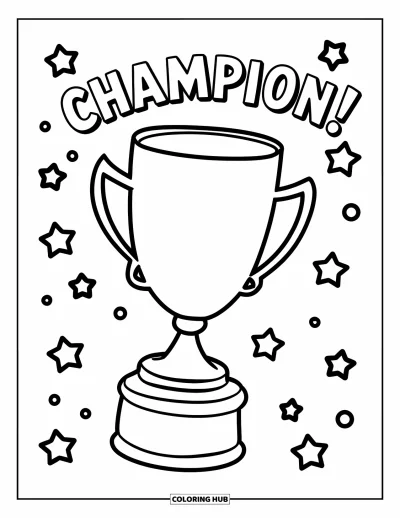Coloriage de félicitations pour enfants : Un trophée sur un piédestal brille avec le mot Champion et des étoiles flottantes