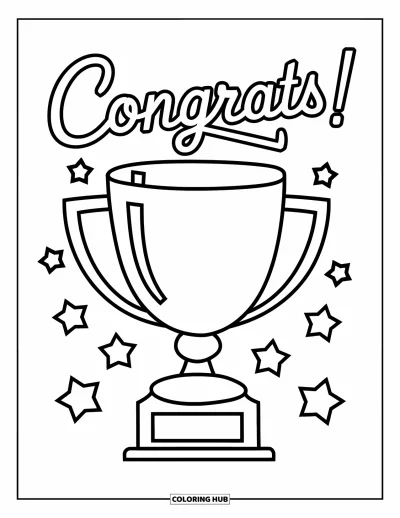 Coloriage de félicitations pour enfants : Un trophée brille sous un message Congrats avec des étoiles espiègles