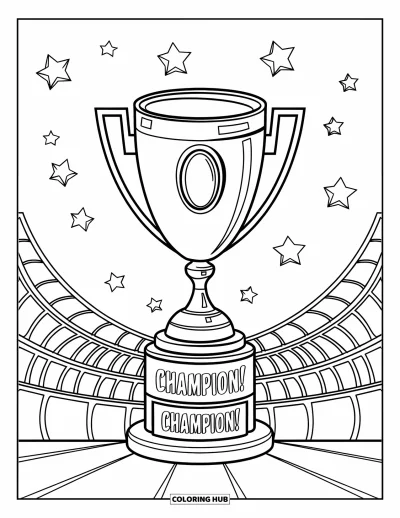 Coloriage de félicitations pour enfants : Un trophée orné d'un joyau indique Champion près de gradins et d'un ciel étoilé