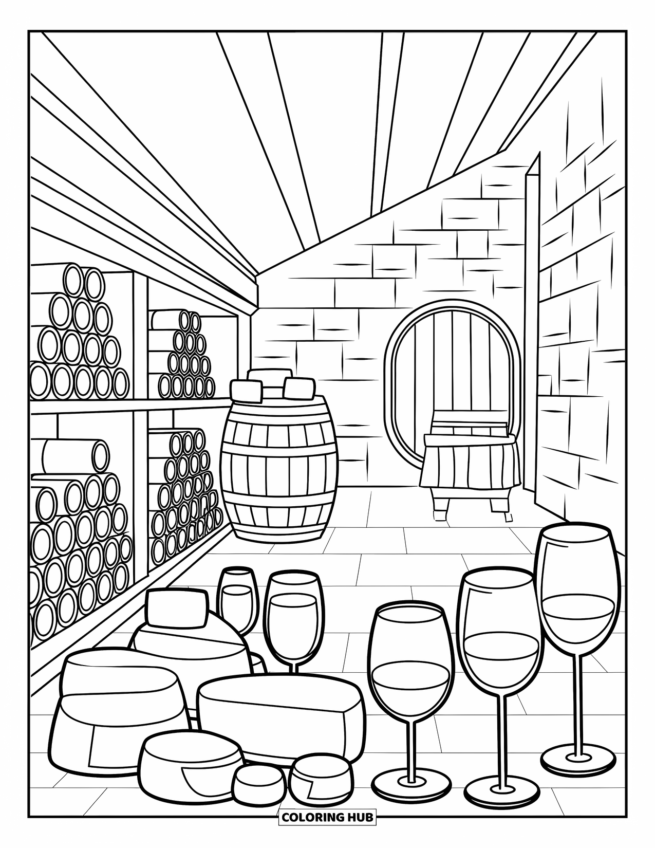 Cooking Coloring Page for Adults: A cellar with wine bottles, cheese, glasses, and stone walls