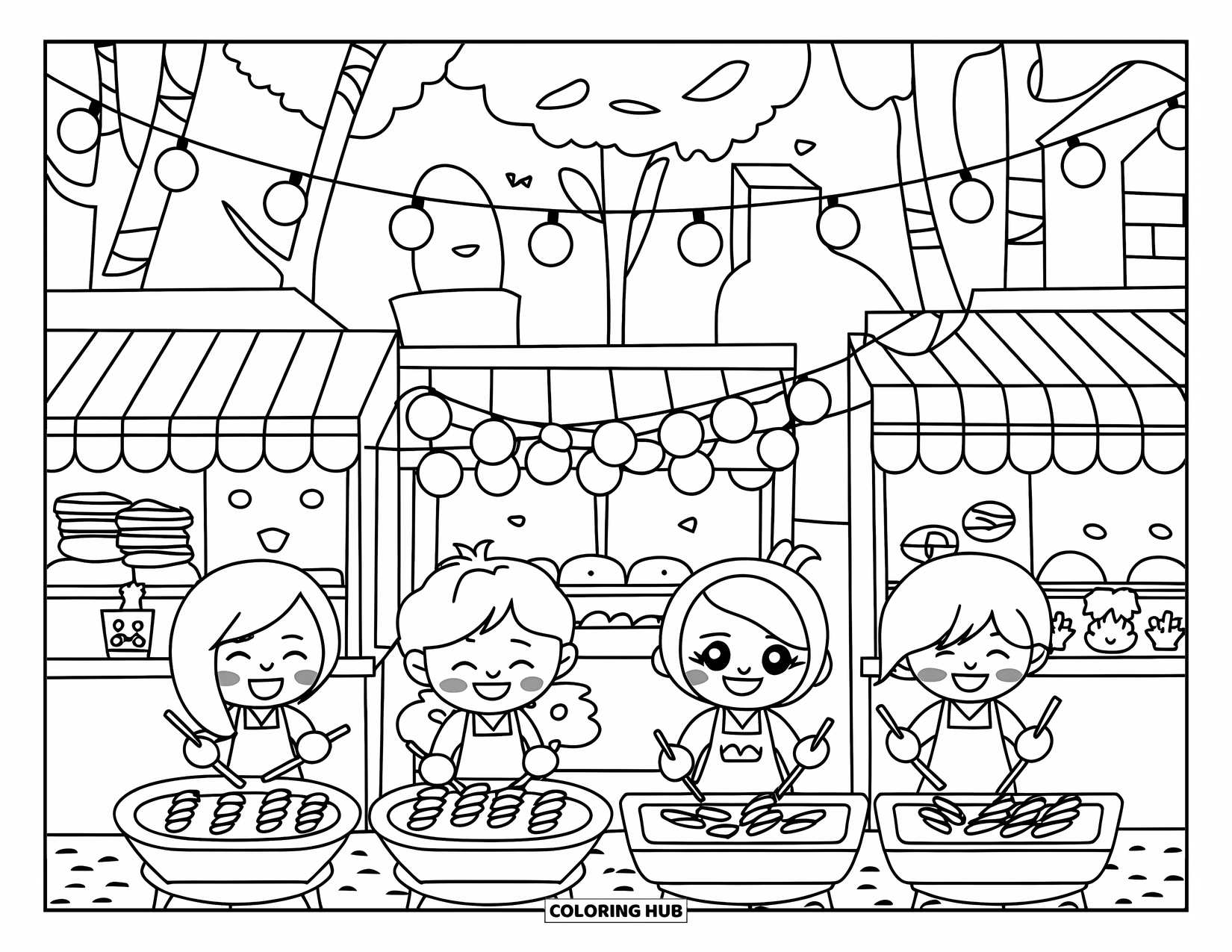 Cooking Coloring Page for Adults: A cheerful night market with chibi friends grilling under string lights