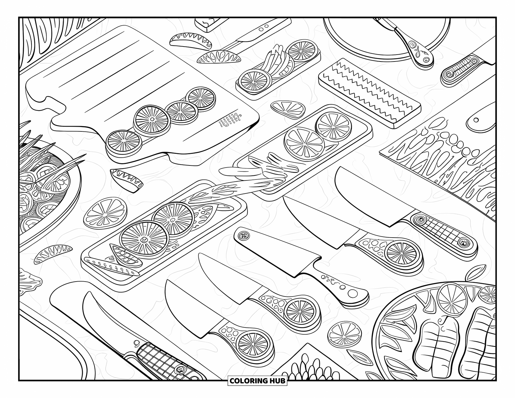 Cooking Coloring Page for Adults: A chef's counter filled with knives, cutting boards, fruits, and vegetables