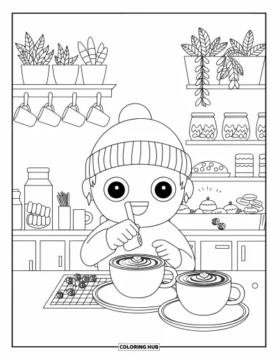 大人向け料理のぬりえ：居心地の良いカフェでラテアートを作るチビキャラのバリスタ