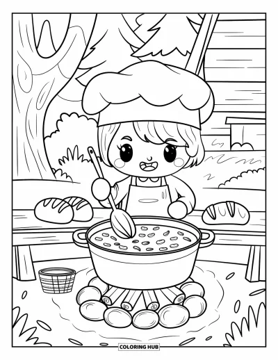 大人向け料理のぬりえ：木々と小屋のそばで屋外でチリを準備するチビキャラのコック