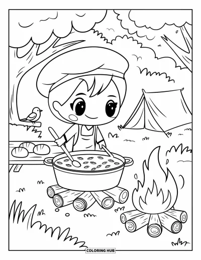 大人向け料理のぬりえ：キャンプファイヤーでチリを混ぜるチビキャラのコック、遊び心あるディテール