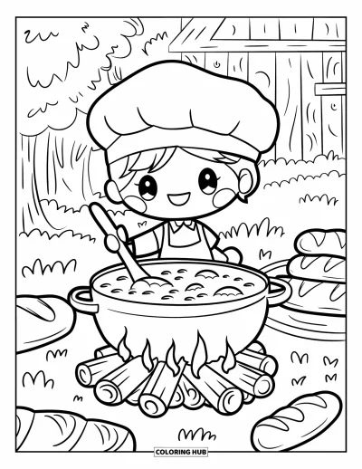 大人向け料理のぬりえ：キャンプファイヤーの鍋でチリをかき混ぜるチビキャラのコック