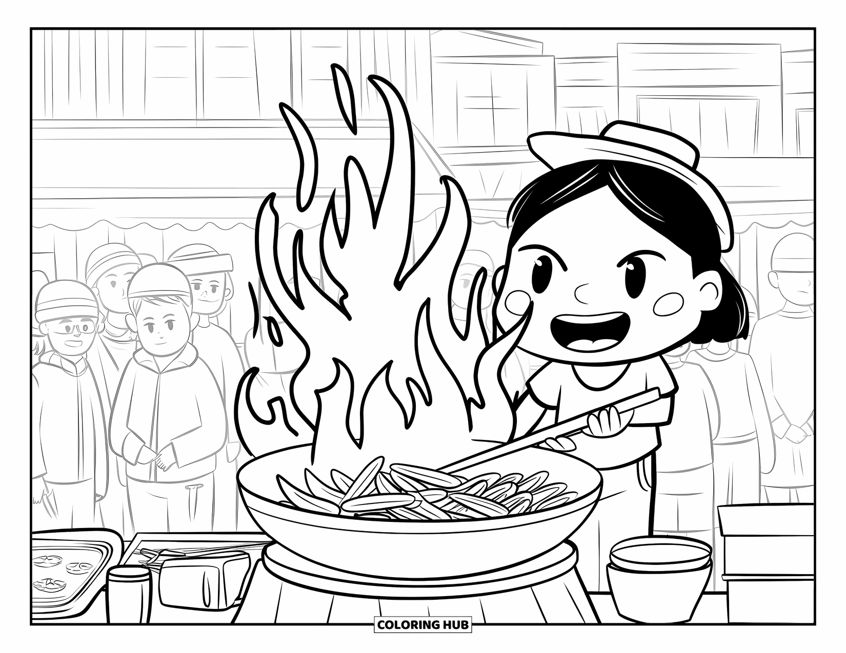 Cooking Coloring Page for Adults: A chibi vendor cooking pad thai with flames while customers wait