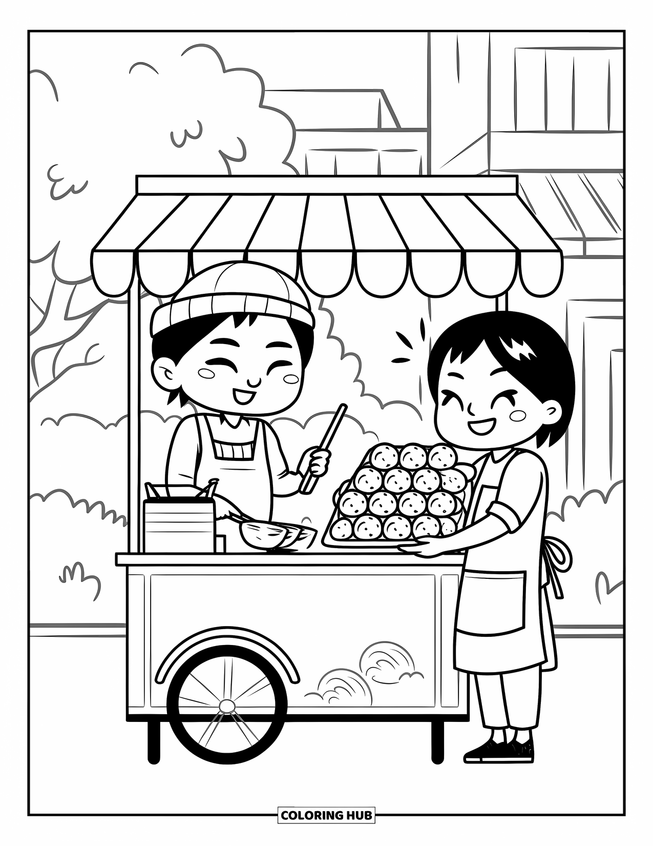 Cooking Coloring Page for Adults: A chibi vendor making takoyaki at a small food cart