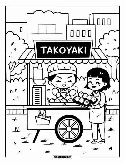 大人向け料理のぬりえ：喜ぶお客さんにたこ焼きを提供するチビキャラの売り手