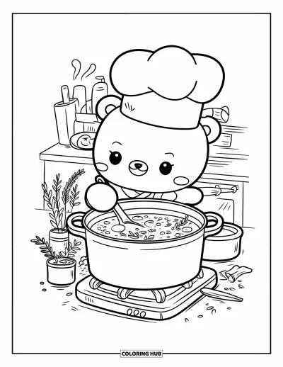 大人向け料理のぬりえ：ハーブとスパイスを使って丁寧にシチューを作るぽっちゃりしたクマのシェフ
