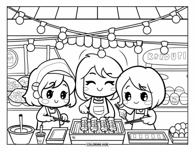 大人向け料理のぬりえ：チビキャラの友人たちが串を焼く温かみのある夜市の場面