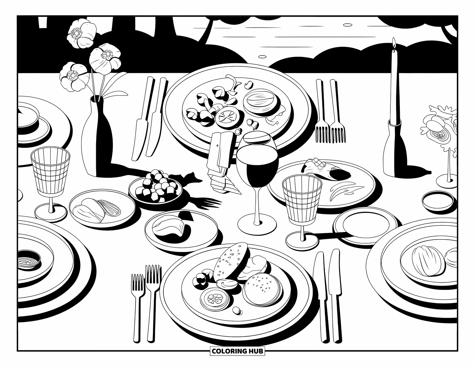 Cooking Coloring Page for Adults: A dining table set with elegant dishes, flowers, and candles