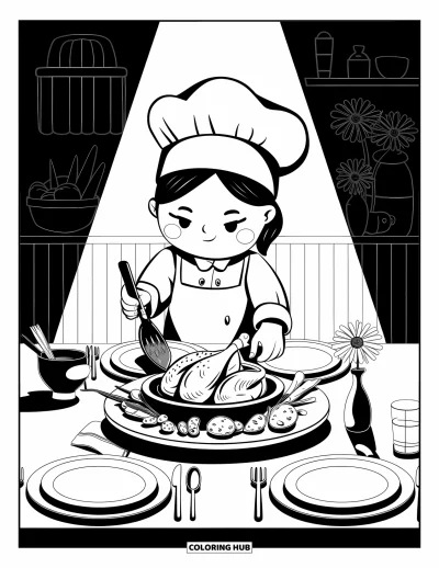 大人向け料理のぬりえ：チビキャラのシェフがローストチキンとグレービーソースを運ぶ夕食テーブル