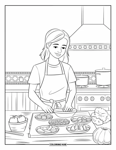 大人向け料理のぬりえ：カウンターで新鮮な食材を使ってタコスを作る女の子