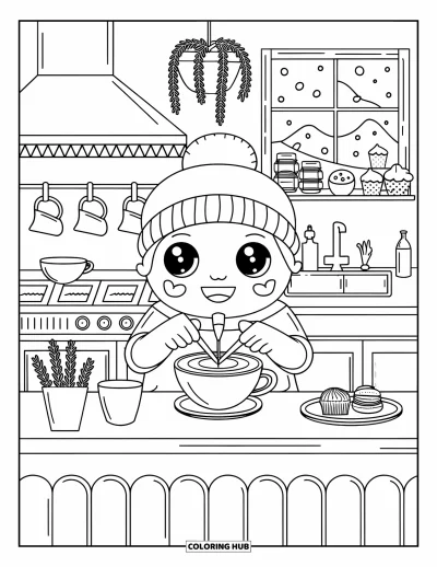 大人向け料理のぬりえ：カフェでラテアートを作る笑顔のチビキャラのバリスタ