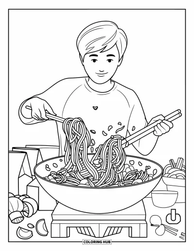 大人向け料理のぬりえ：キッチンの食材に囲まれながら野菜入り麺を炒めるティーン