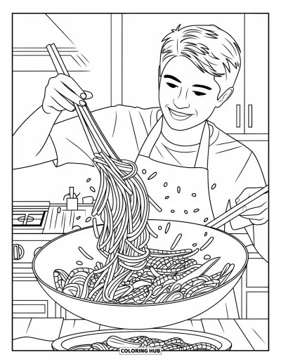 大人向け料理のぬりえ：コンロの中華鍋で炒め麺を豪快に炒めるティーン