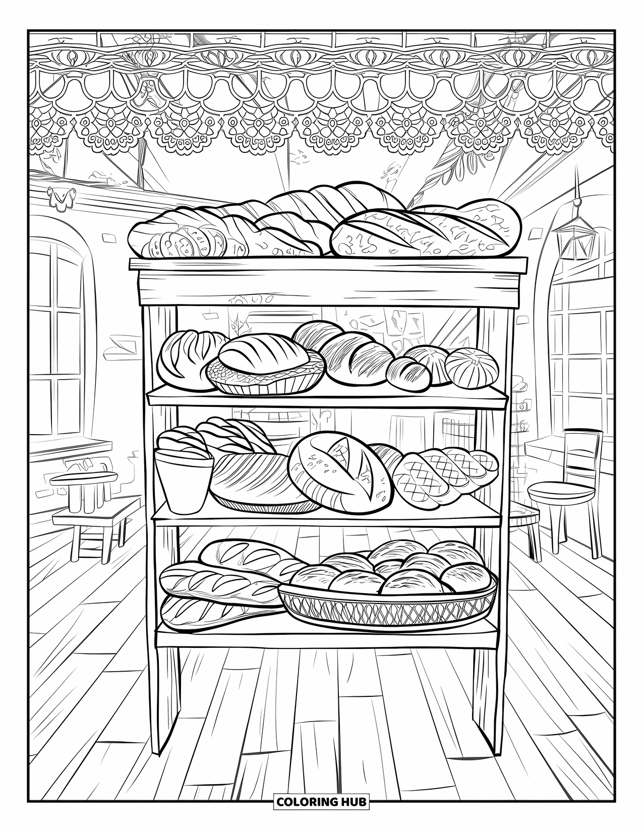 Cooking Coloring Page for Adults: A vintage bakery room with shelves of bread and pastries