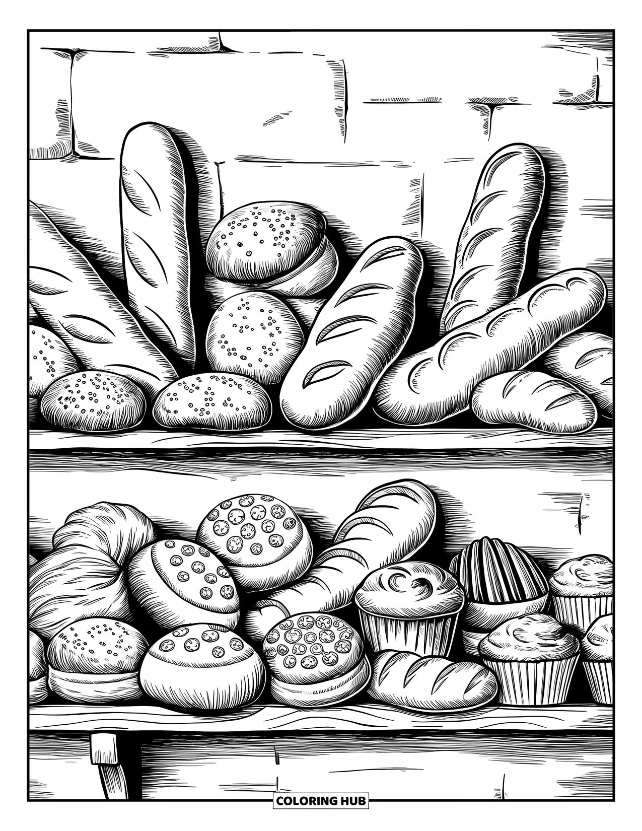 Cooking Coloring Page for Adults: Artisan bread and pastries displayed on a rustic bakery shelf