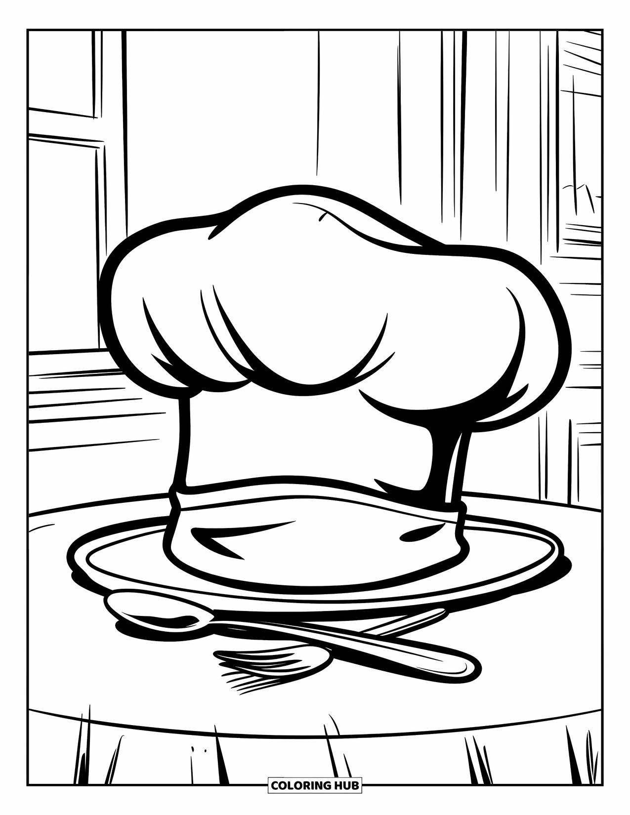 Cooking Coloring Page for Kids: A big chef hat on a table with a spoon and fork