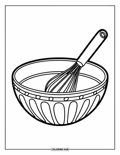 子ども向け料理のぬりえ：遊び心あるタッチで描かれた泡立て器入りのボウル