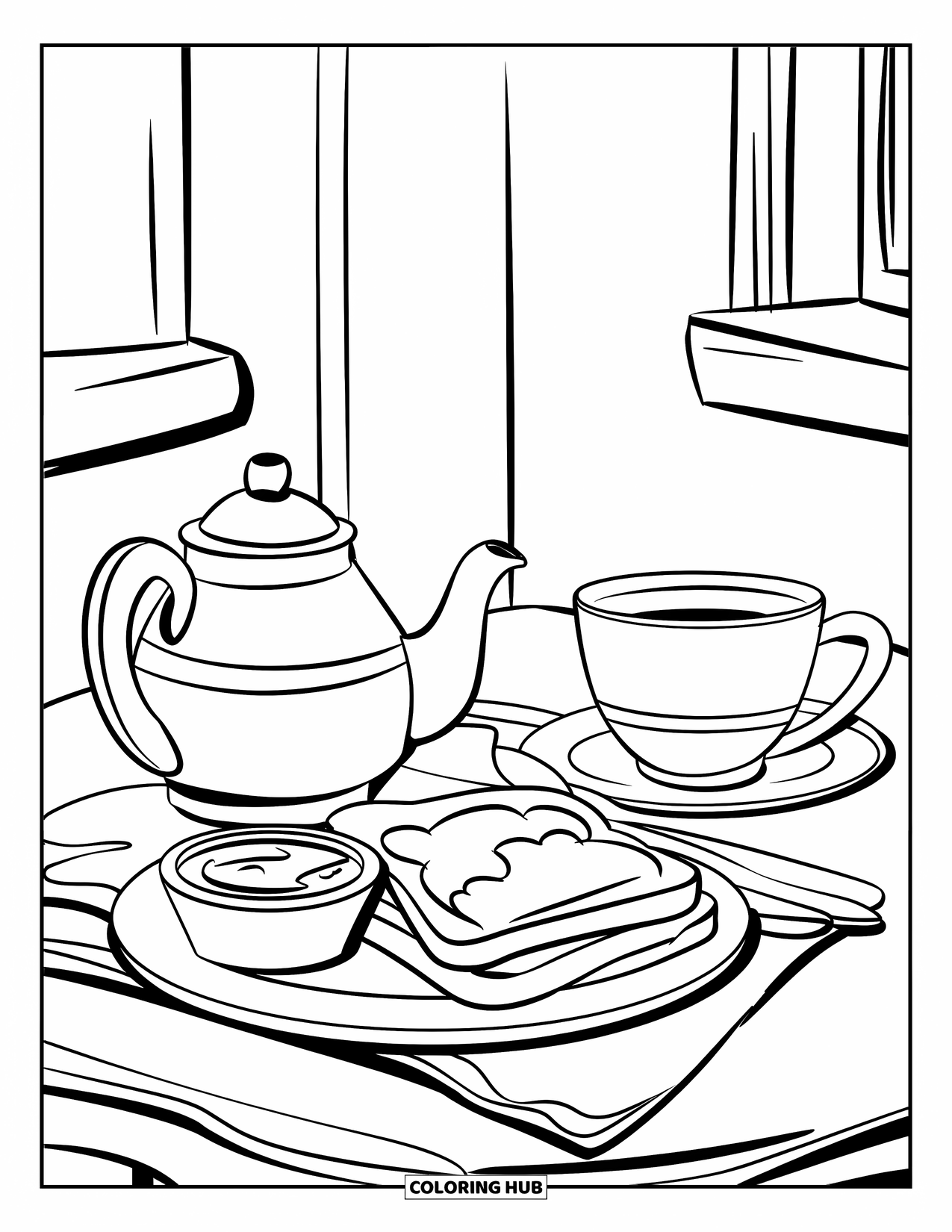 Cooking Coloring Page for Kids: A breakfast table with toast, jam, and tea served neatly