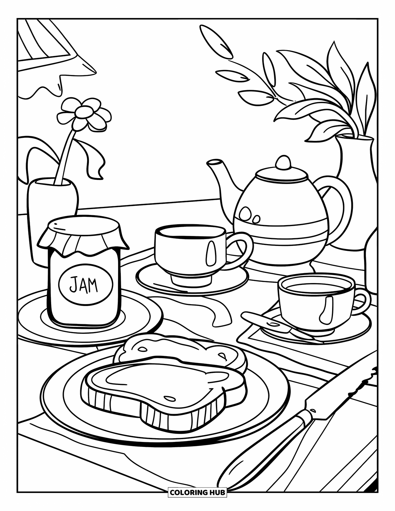 Cooking Coloring Page for Kids: A breakfast table with toast, jam, tea, and a vase