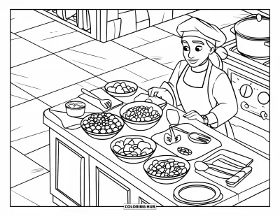 子ども向け料理のぬりえ：料理中のシェフと食材・料理でいっぱいの賑やかなカウンター