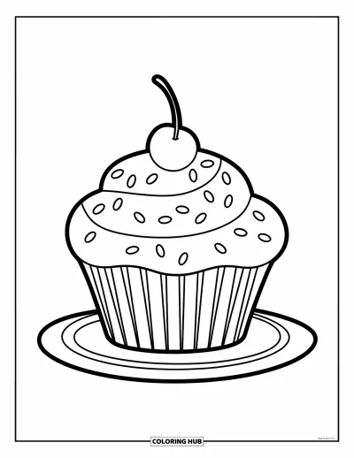 子ども向け料理のぬりえ：スプリンクルとチェリーがのった元気なカップケーキ